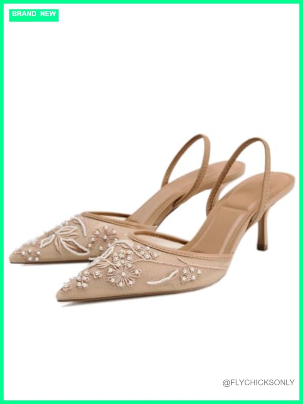 Women's Embroidery Mesh Slingback Kitten Heels Pearl Wedding Shoes